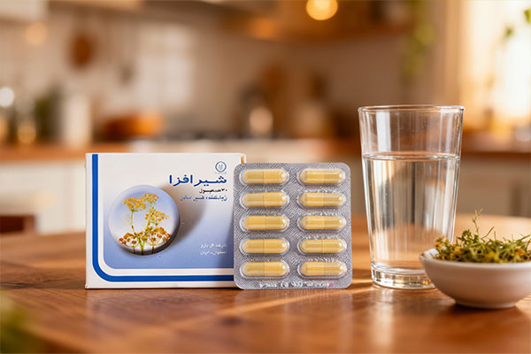 کپسول شیرافزا گل دارو کنار لیوان آب و گیاهان دارویی
