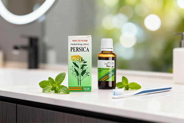 قطره پرسیکا پورسینا در کنار وسایل مراقبت از دندان