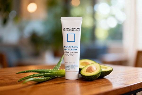 تصویر کرم آبرسان پوست خشک درماتیپیک روی سطح مرمر سفید