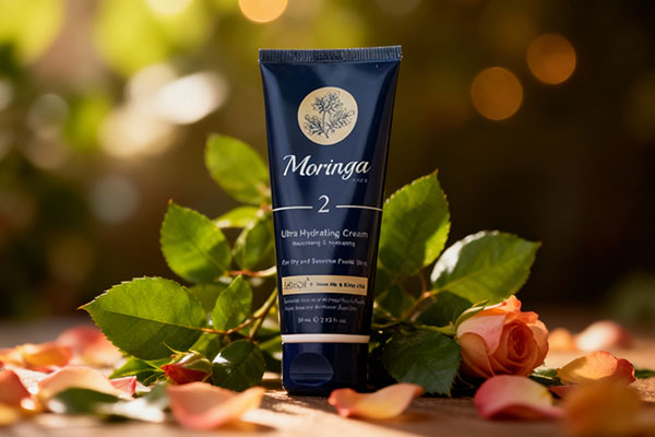 نمای نزدیک آبرسان پوست خشک مورینگا ۲ تیوپی با عناصر طبیعی