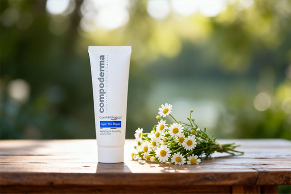 کرم ترمیم کننده کامپودرما کنار گل&zwnj;های بابونه روی میز چوبی