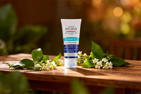 کرم مرطوب کننده قوی اوره 5 درصد آتوپیا آردن در کنار برگ&zwnj;های سبز