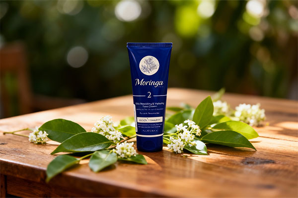 کرم دست آبرسان پوست خشک ۲ مورینگا در کنار عناصر طبیعی
