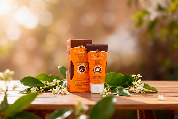 کرم ضد آفتاب SPF50 فاقد چربی سان سیف در کنار عناصر طبیعی