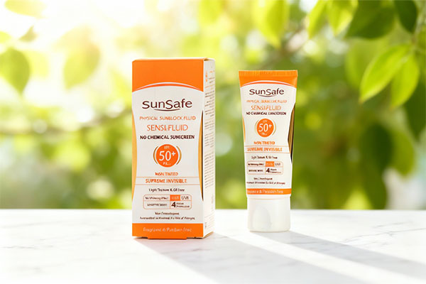 فلوئید ضد آفتاب فیزیکال SPF50 سان سیف روی سطح مرمر سفید
