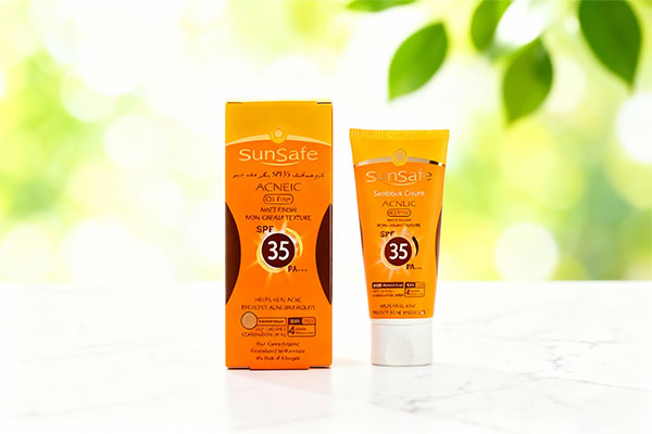 ضد آفتاب رنگی فاقد چربی SPF35 سان سیف روی سطح مرمر سفید