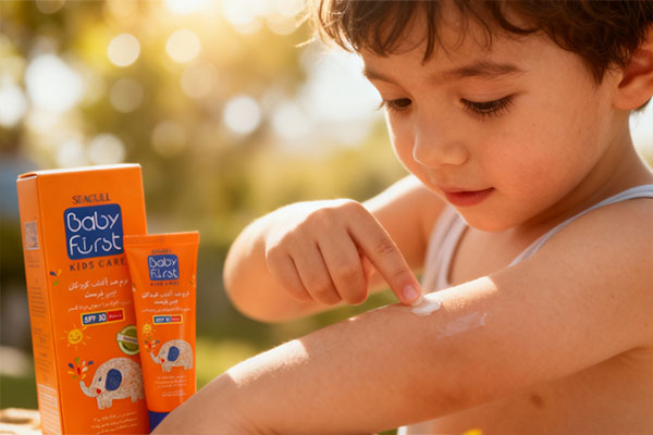 استفاده از کرم ضد آفتاب کودکان بیبی فرست SPF30 روی پوست کودک