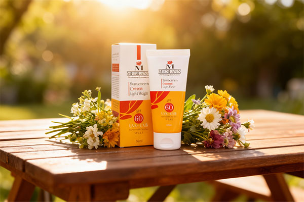 ضد آفتاب SPF60 مدیلن کنار گل&zwnj;های تازه روی میز چوبی