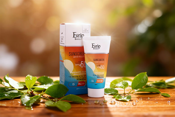 ضد آفتاب SPF50 اورین در کنار برگ&zwnj;های سبز و قطرات آب