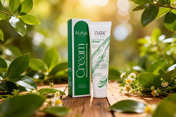 کرم دست و ناخن ناک در کنار عناصر طبیعی و پس&zwnj;زمینه چوبی