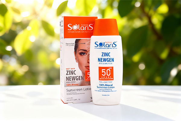 لوسیون ضد آفتاب زینک نیوژن SPF50 آردن سولاریس روی سطح سفید