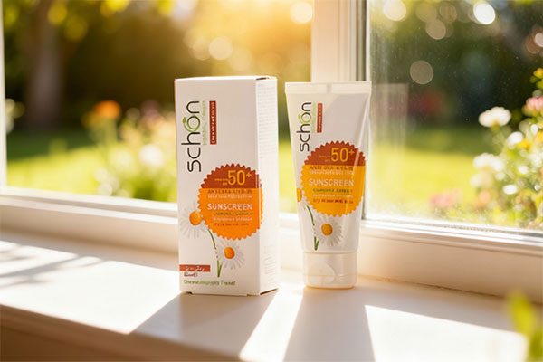 کرم ضد آفتاب SPF50 پوست خشک شون کنار پنجره آفتابی