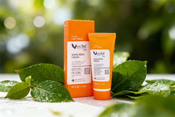 ضد آفتاب SPF50 وچه پوست خشک و معمولی رنگی در کنار عناصر طبیعی