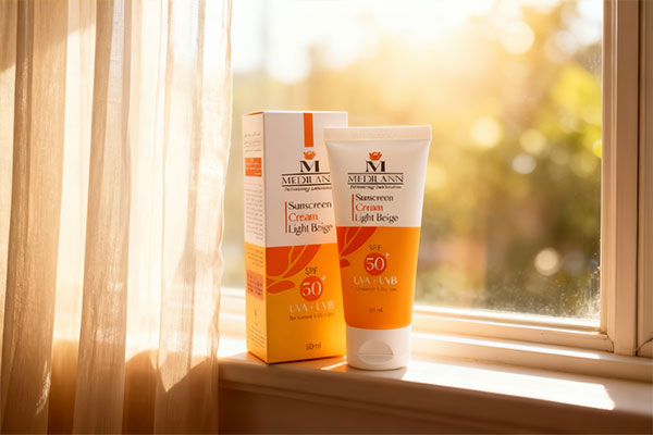 کرم ضد آفتاب رنگی SPF50 مدیلن کنار پنجره آفتابی