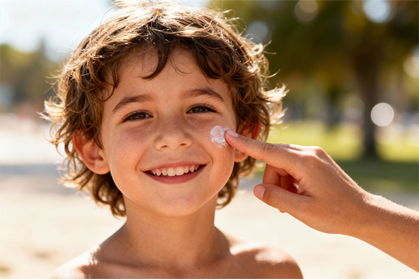 کودک در حال استفاده از ضد آفتاب کودکان سان وست پرودرما در فضای باز