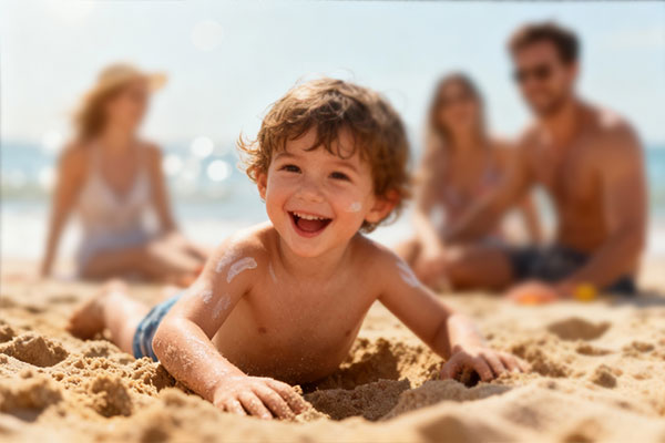 خانواده در ساحل با محافظت از پوست کودک با ضد آفتاب بچه گانه پرودرما