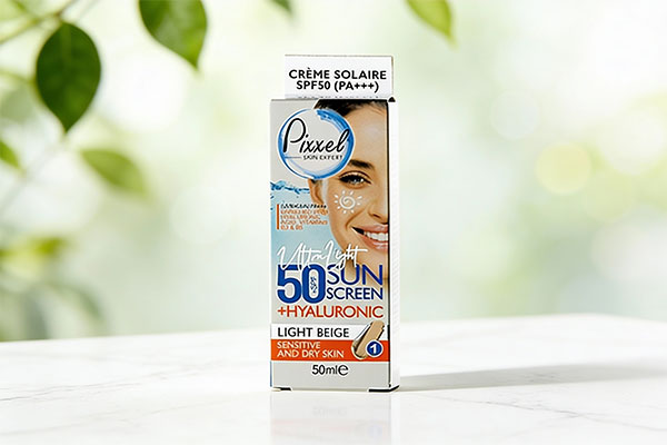 کرم ضد آفتاب پوست خشک SPF50 پیکسل روی سطح مرمر سفید