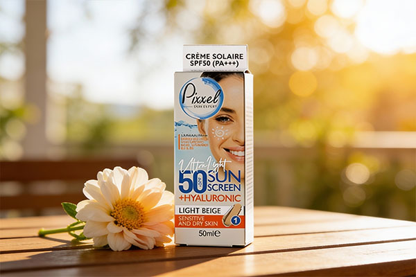 کرم ضد آفتاب پوست خشک SPF50 پیکسل در کنار گل و آب