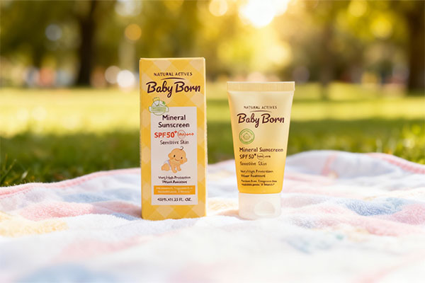 تصویر کرم ضد آفتاب کودک بیبی برن روی پتوی کودک