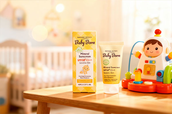 کرم ضد آفتاب کودک بیبی برن کنار اسباب&zwnj;بازی کودک