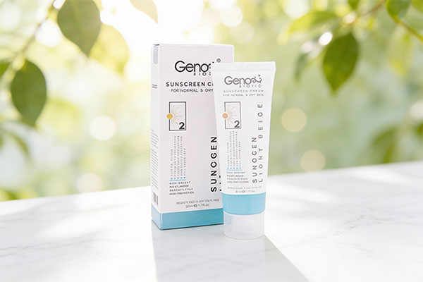 ضد آفتاب سانوژن پوست خشک ژنوبایوتیک روی سطح مرمر سفید