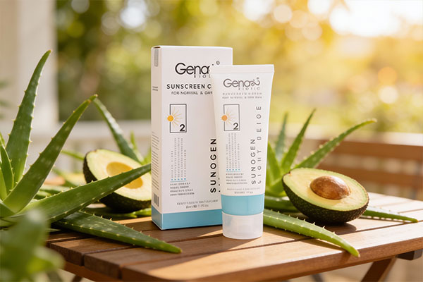 ضد آفتاب سانوژن پوست خشک ژنوبایوتیک روی سطح مرمر سفید