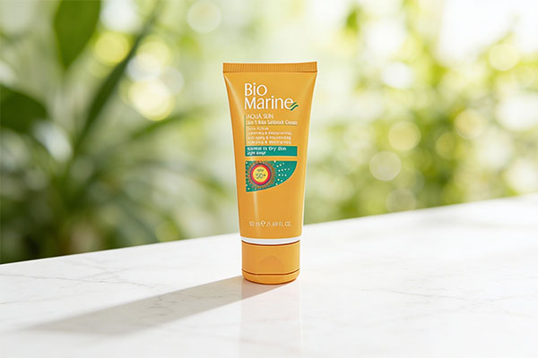 ضد آفتاب رنگی پوست خشک بایومارین روی سطح مرمر سفید