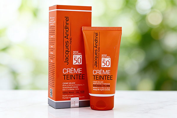 تصویر کرم ضد آفتاب پوست خشک SPF50 ژاک آندرل روی سطح مرمر سفید