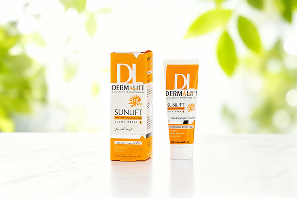 تصویر کرم ضد آفتاب پوست خشک SPF50 سان لیفت درمالیفت روی سطح مرمر سفید