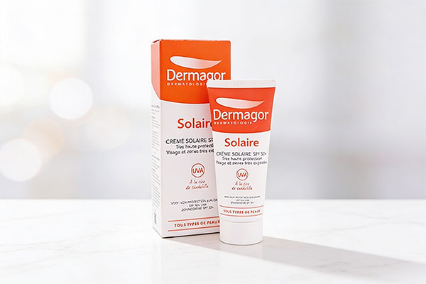 تصویر کرم ضد آفتاب بی رنگ پوست خشک درماگور SPF50 روی سطح مرمر سفید