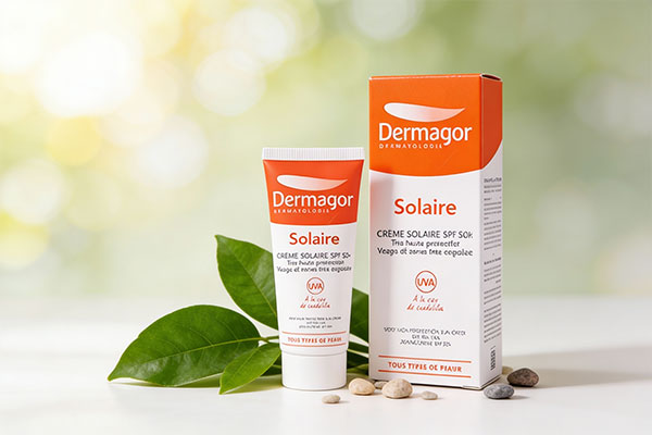 تصویر کرم ضد آفتاب درماگور بی رنگ SPF50 کنار عناصر طبیعی