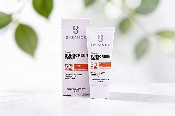 تصویر کرم ضد آفتاب رنگی SPF50 پوست خشک بیزانس روی سطح مرمر سفید