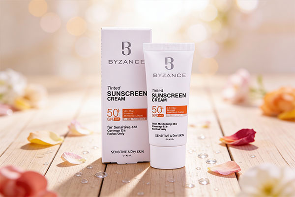 نمای نزدیک از کرم ضد آفتاب رنگی SPF50 پوست خشک بیزانس با عناصر طبیعی