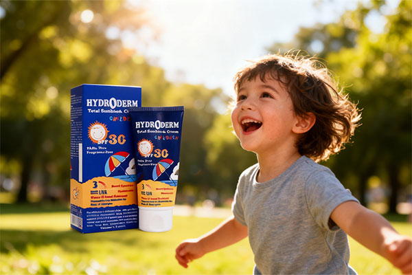 کودک در حال بازی زیر آفتاب با محافظت ضد آفتاب کودکان هیدرودرم