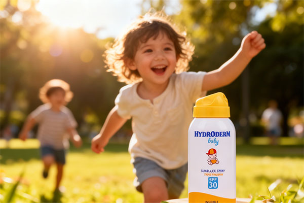 کودک شاد در حال بازی زیر آفتاب با محافظت از پوست