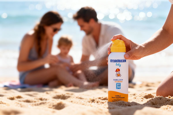 خانواده در ساحل با محافظت از پوست کودکان در برابر آفتاب