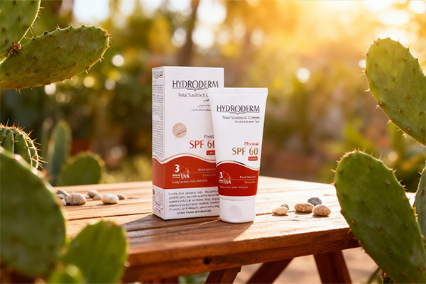 ضد آفتاب کرم پودری فیزیکال SPF60 هیدرودرم روی سطح مرمر سفید