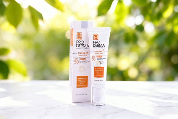 فلوئید ضد آفتاب فاقد چربی SPF50 سان وست پرودرما روی سطح مرمر سفید