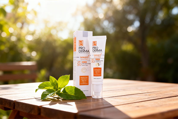 فلوئید ضد آفتاب فاقد چربی SPF50 سان وست پرودرما روی سطح مرمر سفید