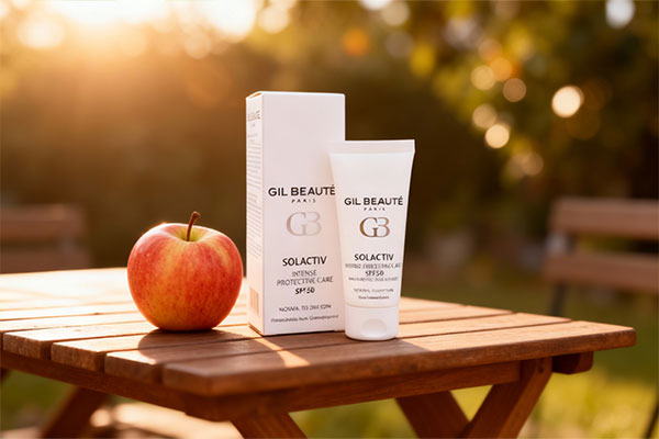 ضد آفتاب سل اکتیو پوست خشک SPF50 ژیل بوته کنار سیب و لیوان آب