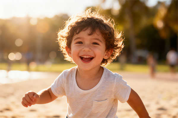 کودک شاد در حال بازی زیر آفتاب با محافظت از پوست