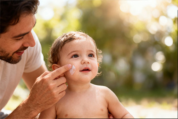 والدین در حال استفاده از ضد آفتاب برای کودک