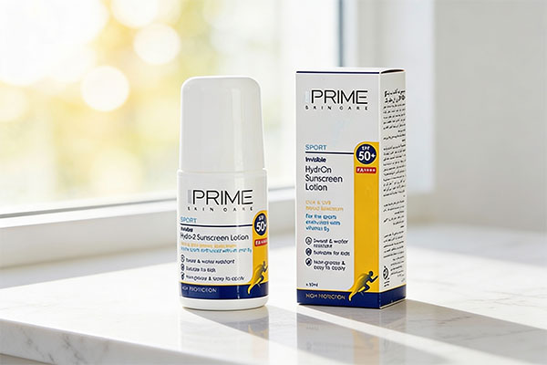 تصویر لوسیون ضد آفتاب رولی SPF50 پریم روی سطح مرمر سفید
