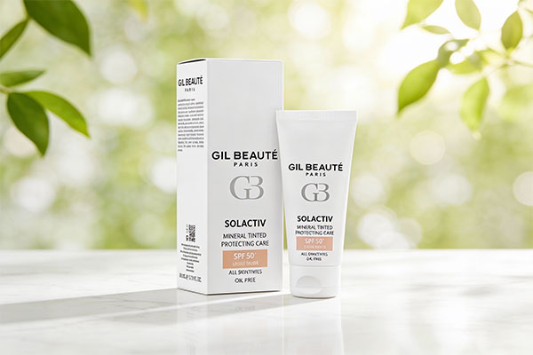 کرم ضد آفتاب رنگی مینرال SPF50 سل اکتیو ژیل بوته روی سطح مرمر سفید