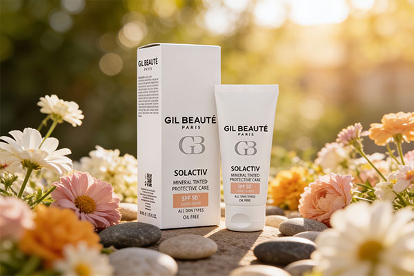 کرم ضد آفتاب رنگی مینرال SPF50 سل اکتیو ژیل بوته در کنار گل&zwnj;ها و سنگ&zwnj;ها