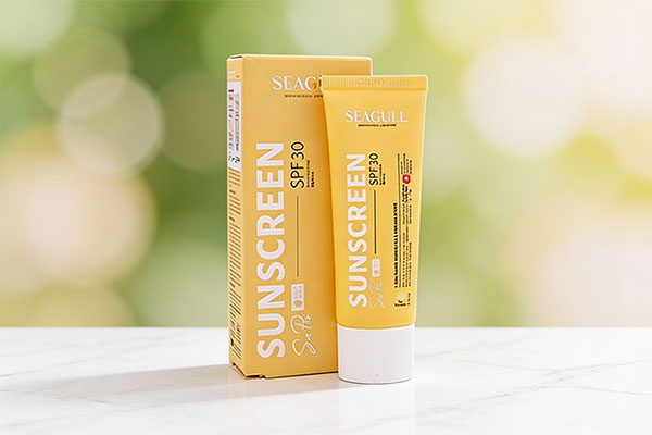 تصویر کرم ضد آفتاب رنگی پوست چرب SPF30 سی گل روی سطح مرمر سفید