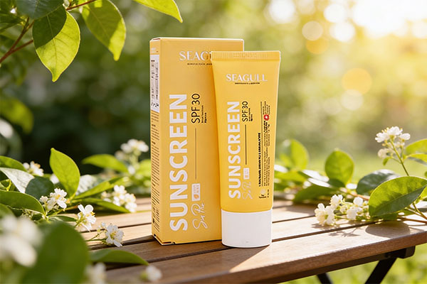 نمای نزدیک از کرم ضد آفتاب رنگی پوست چرب SPF30 سی گل در کنار عناصر طبیعی