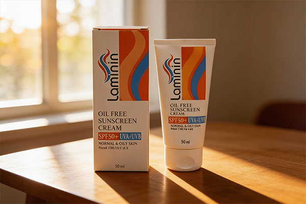 نمای نزدیک از کرم ضد آفتاب بی رنگ پوست چرب لامینین