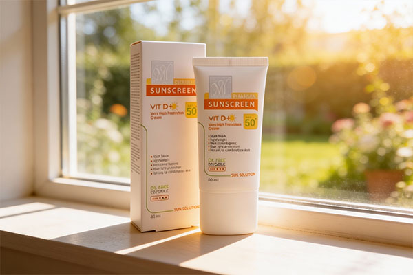 کرم ضد آفتاب فاقد چربی سان سلوشن SPF50 مای فارما کنار پنجره آفتابی