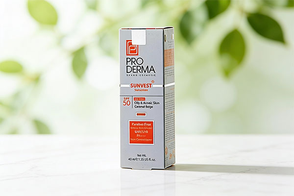 تصویر کرم ضد آفتاب پوست چرب SPF50 پرودرما روی سطح مرمر سفید